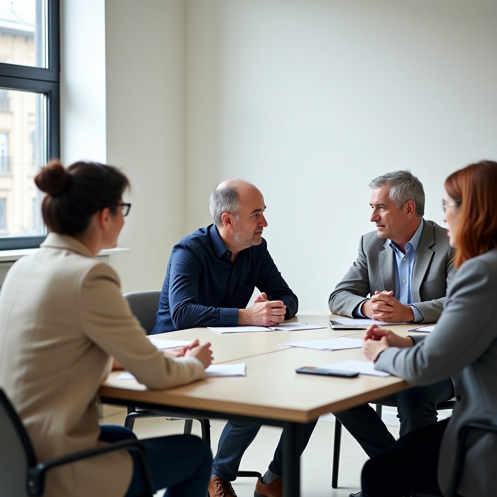 Co-owners discussing condominium management at a meeting